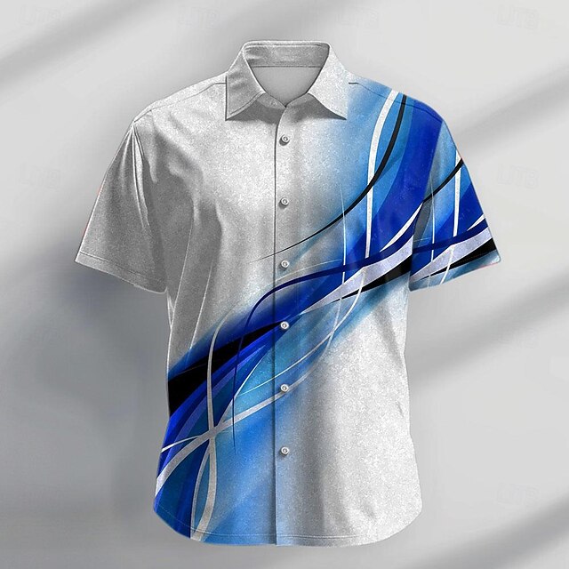 Men's Geometric Pattern Shirt Button Up Shirt Short Sleeve Fashion Casual Vacation Daily Summer Turndown Collared Shirts Buttons Print Blue4