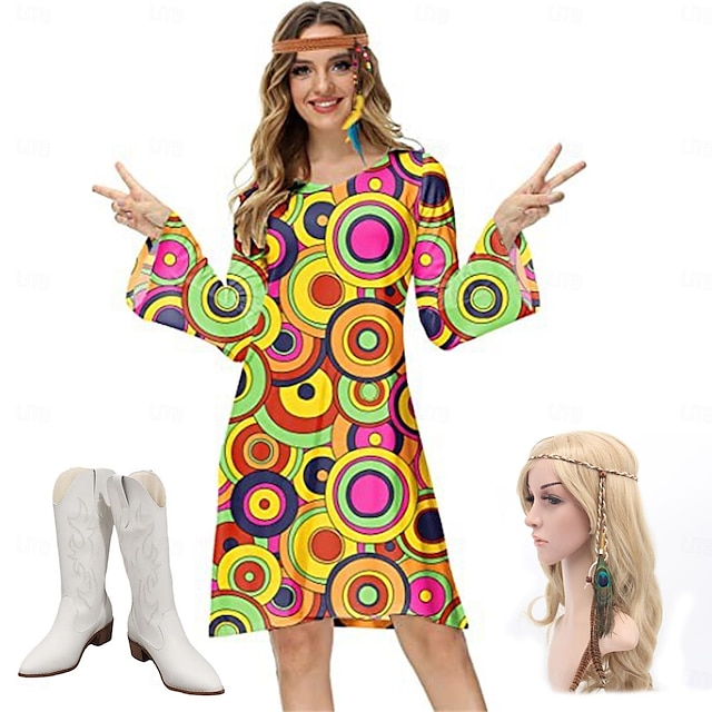  Hippie Retro Vintage 1970s Disco Dress Women's Costume Vintage Cosplay Party & Evening Long Sleeve Dress Masquerade
