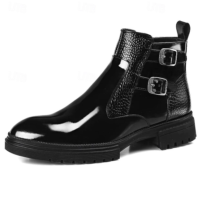 Men's Black Patent Leather Chelsea Boots – Crocodile Pattern with Double Buckle Straps and Rugged Sole, Perfect for Formal and Casual Wear 6