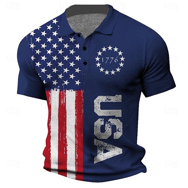 Men's American Flag Veterans Waffle Polo Shirts Golf Shirt Short Sleeve Polo Shirts Collared Shirts Streetwear Vacation Wear Party Outfits Buttons 3D Print Summer Spring Blue4