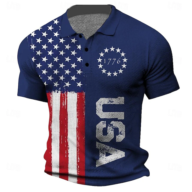 Men's American Flag Veterans Waffle Polo Shirts Golf Shirt Short Sleeve Polo Shirts Collared Shirts Streetwear Vacation Wear Party Outfits Buttons 3D Print Summer Spring Blue4
