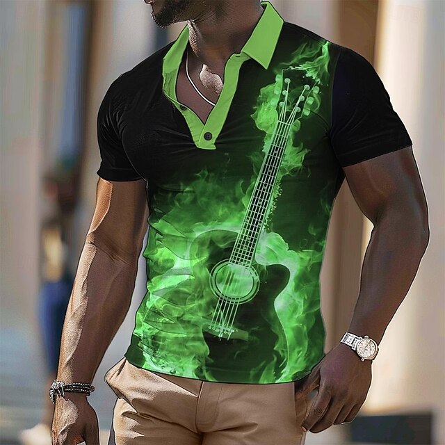 Music Festival Men's Guitar Polo Shirts Golf Shirt Short Sleeve Polo Shirts Collared Shirts Vacation Wear Festival Wear Party Outfits Buttons 3D Print Spring & Summer Green4
