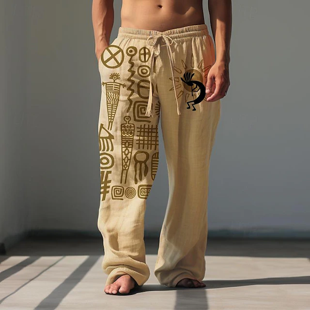 Men's Grid / Plaid Geometric Pattern Linen Pants Baggy Pants Mid Waist Vintage Ethnic Style Casual Outdoor Streetwear Elastic Waist Spring & Fall Fall & Winter Green Khaki 6