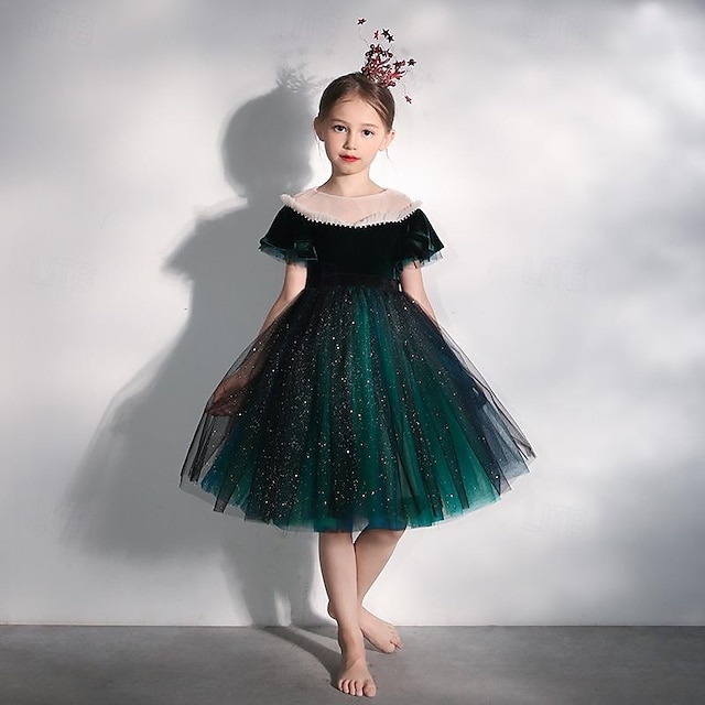  Kids Girls' Flower Girl Dress Party Dress Solid Color Short Sleeve Performance Wedding Party Mesh Princess Sweet Mesh Mid-Calf Sheath Dress Tulle Dress Summer Spring Fall 2-12 Years Red Green