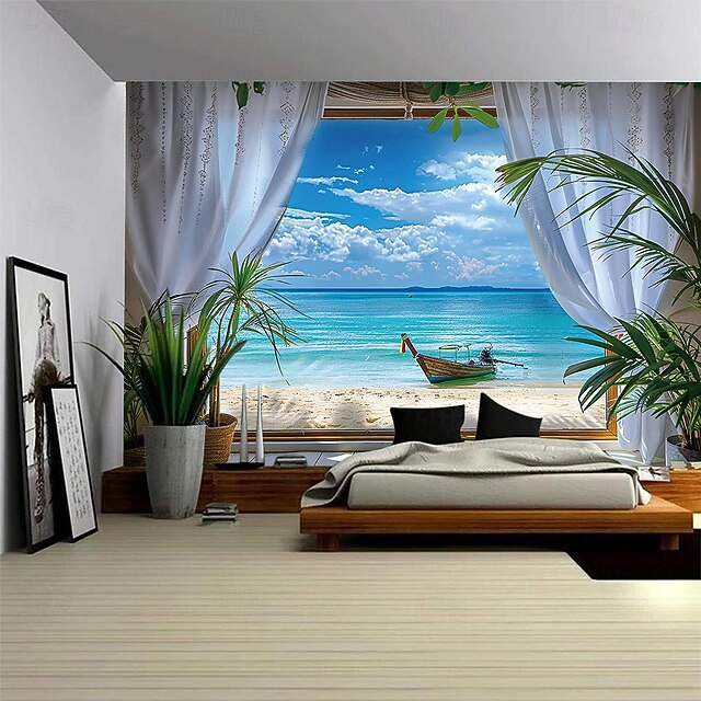 Window Ocean Boat Hanging Tapestry Wall Art Large Tapestry Mural Decor Photograph Backdrop Blanket Curtain Home Bedroom Living Room Decoration 44