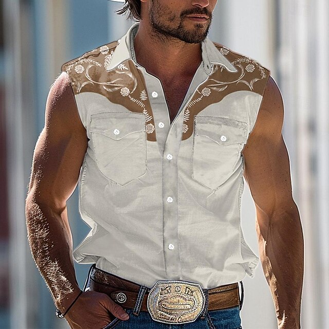 Men's Southwestern Print Shirt Western Shirt Cowboy Shirt Sleeveless Western Style Outdoor Work Causal Summer Spring Shirt Collar Khaki4