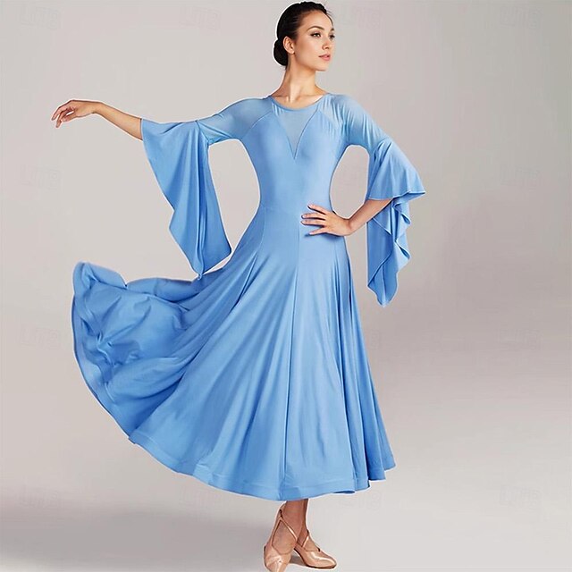 Ballroom Dance Dress Pure Color Splicing Women's Performance Party 3/4 ...