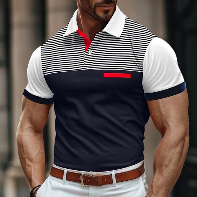 Men's Polo Shirt Golf Shirt Casual Holiday Ribbed Polo Collar Short Sleeve Fashion Basic Color Block Stripes Classic Summer Regular Fit White Yellow Burgundy Navy Blue Sky Blue Polo Shirt 13