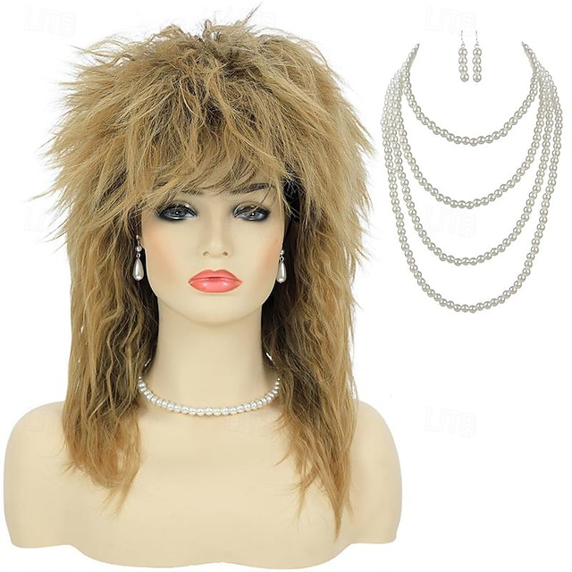  80s tina rock diva kostium peruka dla kobiet duże włosy blond 70s 80s rocker mullet peruki glam punk rock rockstar cosplay peruka na impreza z okazji halloween z 2 szt. kolczyki naszyjnik z pereł