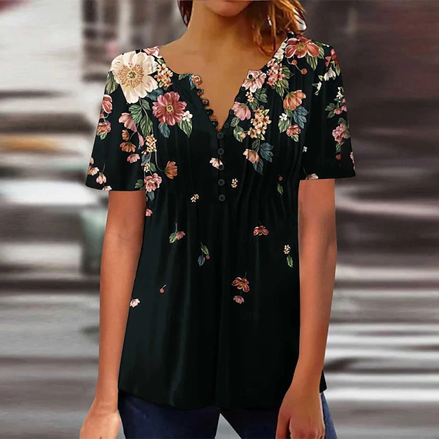 Women's Shirt Blouse Casual Floral Buttons Print Short Sleeve Regular Tops Crew Neck Vacation Daily Black White Pink Blue Summer 5