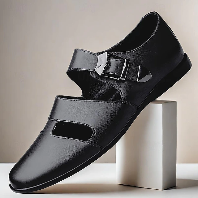 Men's Black Leather Fisherman Sandals - Comfortable Closed-Toe Dress Shoes with Buckle for Formal and Casual Occasions 9