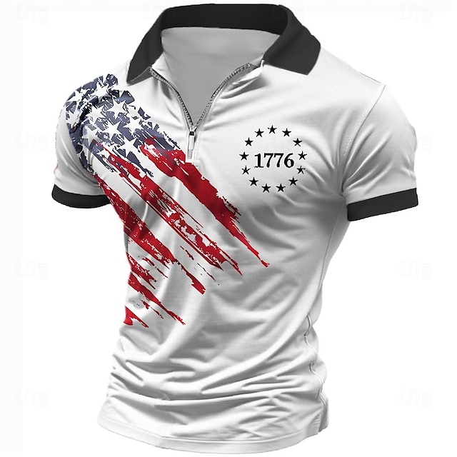  Ziua Independenței Americane Bărbați Steagul american Veteranii Tricouri polo cu fermoar Cămașă de golf Manșon scurt Tricouri de polo Cămăși cu guler Casual Haine de strada Îmbrăcăminte de vacan