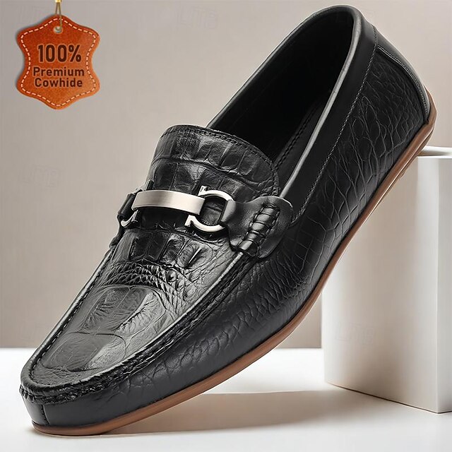 Men's Crocodile Pattern Leather Slip-On Loafers - Stylish Black Driving Shoes with Metal Bit 9