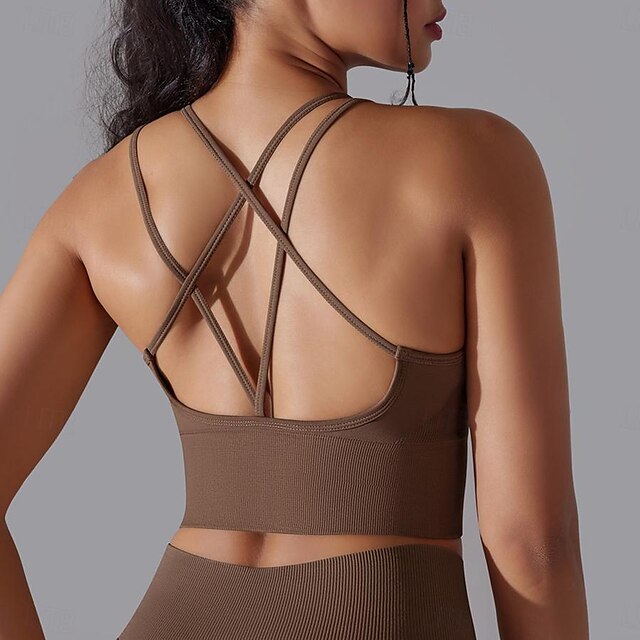  Mujer Camiseta con cuello redondo Sujetadores de Deporte Top tank con tirantes Sostén con acolchado Sujeción Ligera Otoño Deportivo Espalda Abierta Color sólido Gris oscuro Marrón Claro Yoga Aptitud