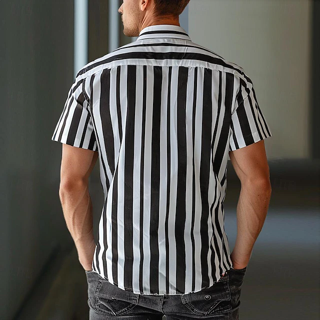 Men's Linen Shirt Dress Shirt Black Short Sleeve Striped Turndown Shirt ...