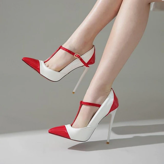 Women's Heels Ankle Strap Heels Daily Color Block Buckle Stiletto Pointed Toe Fashion Patent Leather T-Strap Black White Red 10