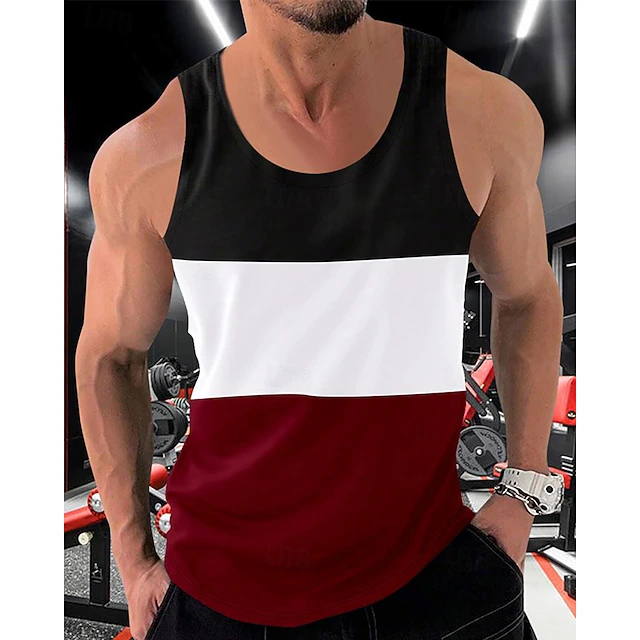 Men's Tank Top Vest Top Undershirt Sleeveless Shirt Sleeveless Crew Neck Spring & Summer Color Block Fashion Designer Basic Patchwork Vacation Street Going out White Red Orange Top Tee for Men 12