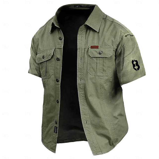 Men's Letter Printed Work Shirt Western Shirt Cargo Shirt Short Sleeve Casual Tactical Sports & Outdoor Going out Summer Spring Turndown Print Army Green Khaki Dark Blue 6