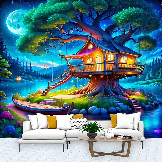 Fantasy Magic Tree House Hanging Tapestry Wall Art Large Tapestry Mural Decor Photograph Backdrop Blanket Curtain Home Bedroom Living Room Decoration 10