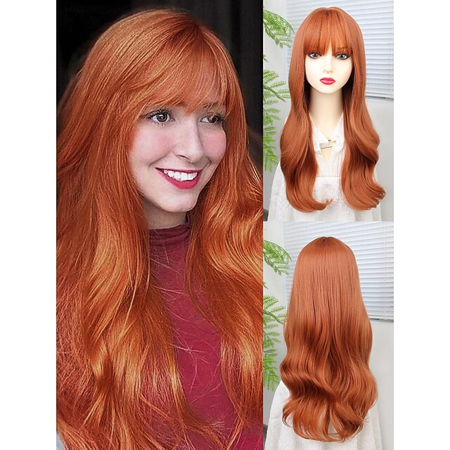 Synthetic Wig Deep Wave Neat Bang Wig 22 inch Auburn Synthetic Hair Women's Orange4