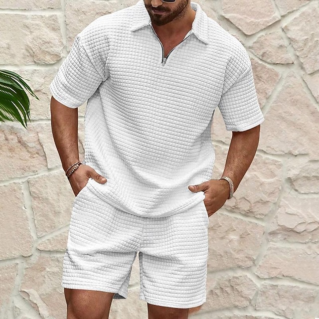  Men's Waffle Henley Shirt T-shirt Suits Tracksuit Tennis Shirt Short Sleeves Polo Collar Summer Solid Color Drawing Gymnatics Casual Zipper 2 Piece Vacation Daily Wear Activewear Army Green Black