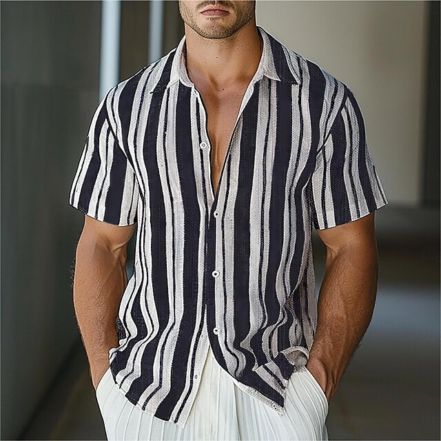 Men's Linen Shirt Dress Shirt Black Short Sleeve Striped Turndown Shirt ...