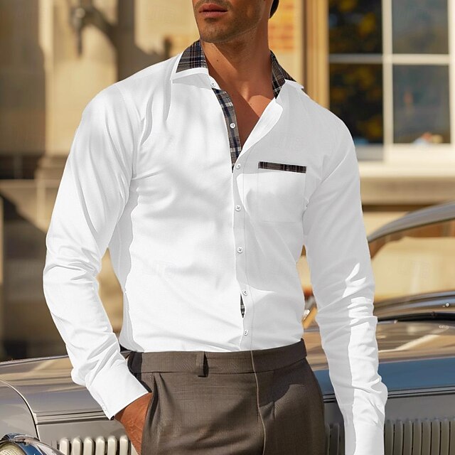 Men's Dress Shirt Wrinkle Resistant Stretch Plaid Wedding Outdoor Black White Pink Blue Long Sleeve Turndown Summer Spring Clothing Apparel 7