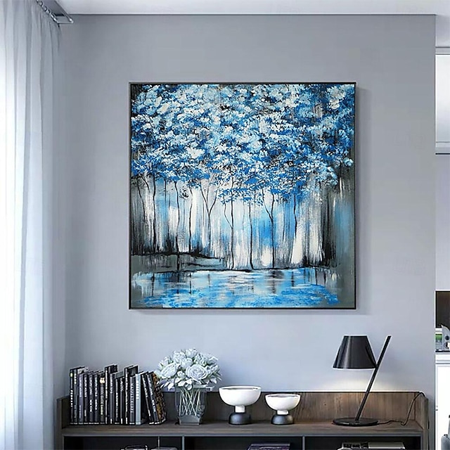  reines handgemaltes Ölgemälde blauer Wald nordisches abstraktes dekoratives Gemälde Wohnzimmer Veranda Leinwandkunst atmosphärisches Wandbild
