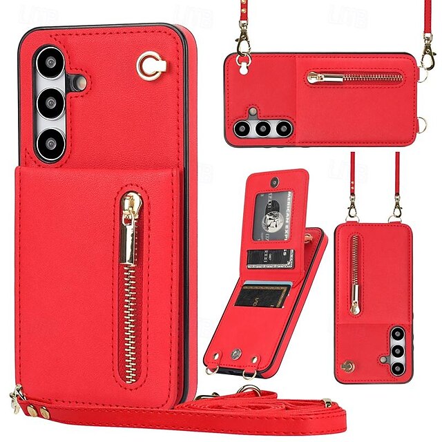  téléphone Coque Pour Samsung Galaxy S25 Ultra S24 S23 S22 S21 S20 Ultra Plus FE Coque Arrière Étui Portefeuille Fermeture Éclair avec Lanière Support Rétro TPU faux cuir