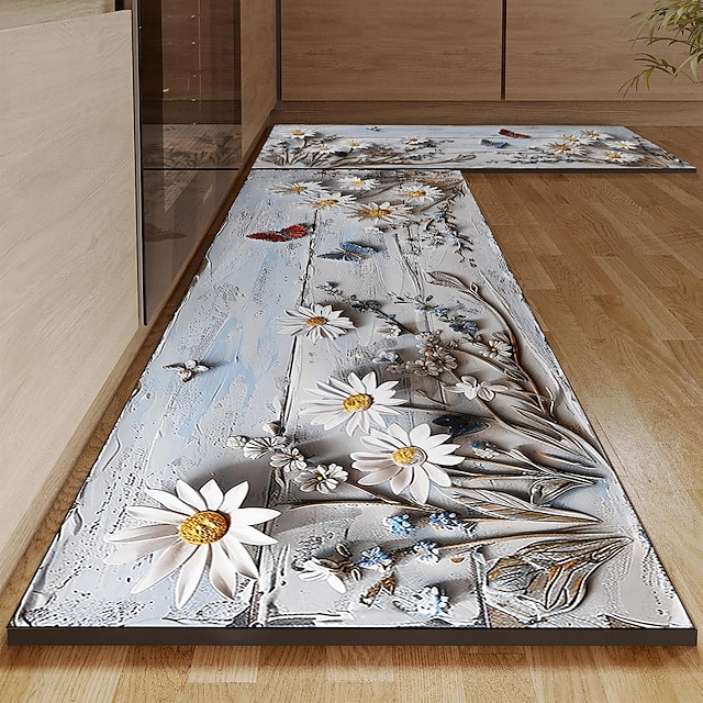 Tapete de madeira com margaridas, tapete de cozinha antiderrapante à prova de óleo, tapete de sala de estar, decoração de quarto, tapete de banheiro, tapete de entrada, tapete de porta