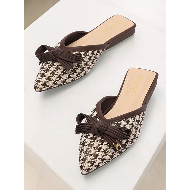  γυναικεία houndstooth μυτερά mules - κομψά slip-on flats με λεπτομέρεια φιόγκου για γραφείο και casual ντύσιμο