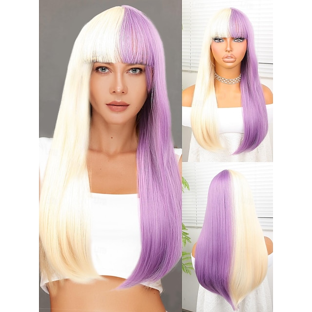  Perruque Synthétique Yaki Droite Coupe Droite Perruque 22 pouces Rose / Orange Cheveux Synthétiques 22 pouce Femme Multicolore