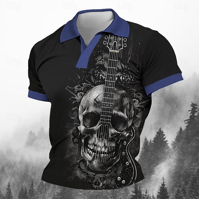Day of the Dead Men's Skull Guitar Polo Shirts Golf Shirt Short Sleeve Polo Shirts V Neck Horror Streetwear Festival Wear Party Outfits 3D Print Spring & Summer Black4