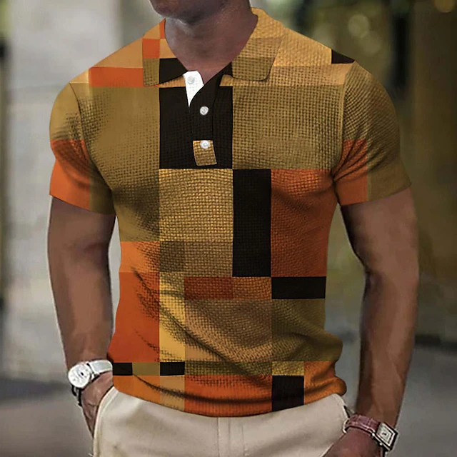 Men's Plaid Golf Shirt Short Sleeve Polo Shirts Collared Shirts Casual Vacation Wear Formal Wear Festival Wear Buttons 3D Print Summer Spring Brown4