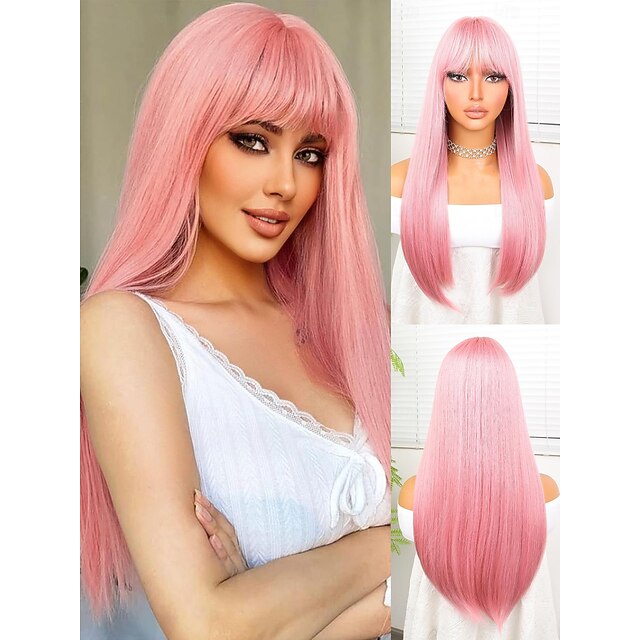 Synthetic Wig Yaki Straight Neat Bang Wig 24 inch Pink+Red Synthetic Hair Women Pink4