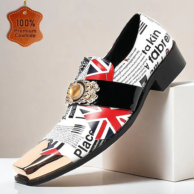 Men's Premium Cowhide Leather Punk Style Loafers - Union Jack and Newspaper Print Slip-On Shoes with Decorative Buckle and Gold Metal Toe Cap 9