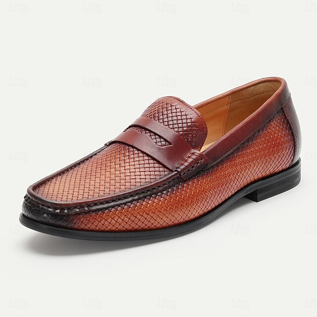 Men's Woven Burgundy Leather Loafers - Elegant Dress Shoes with Textured Finish and Premium Cowhide 10