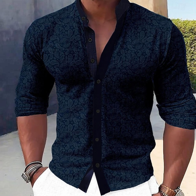  Per uomo Camicia Camicia elegante Camicia con Bottoni Formale Ferie Blu Marrone Verde Rosso rosa Manica Lunga Colletto alla coreana Estate Primavera & Autunno Abbigliamento Bottoni