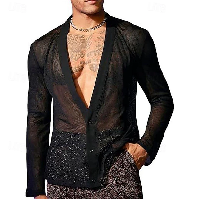 Men's Shirt Summer Shirt Mesh Shirt Sheer Shirt Sheer Blouse Black Long Sleeve Plain V Neck Hawaiian Holiday Mesh Clothing Apparel Fashion Casual Comfortable 6