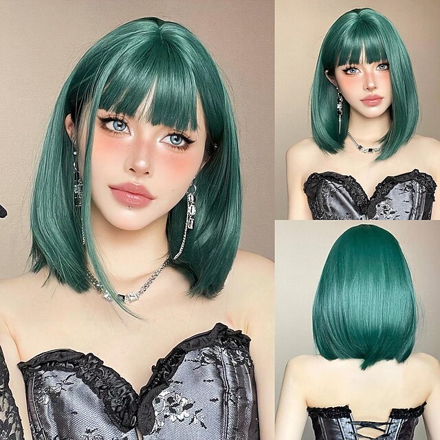  Parrucche sintetiche Uniformi Costumi di carriera Da principessa Liscio Kinky liscia Parte di mezzo Taglio scalato A macchina Parrucca 14 pollici Nero / Verde scuro Capelli sintetici Per donna