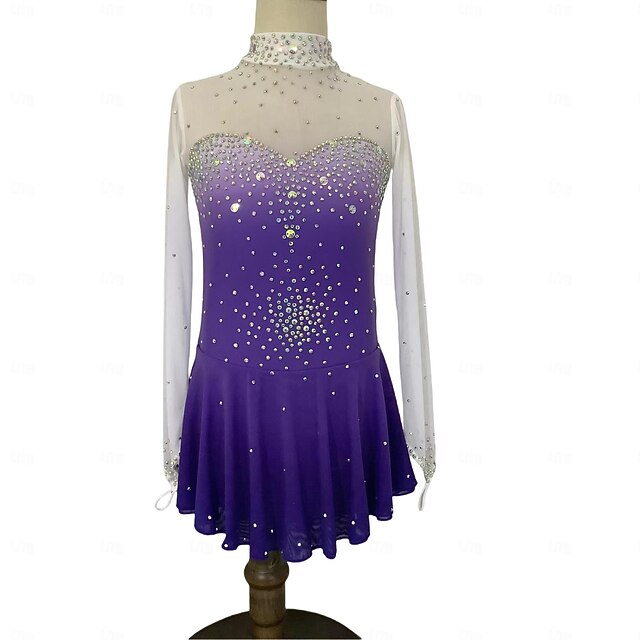 Figure Skating Dress Women's Girls' Ice Skating Dress Purple Patchwork Thumbhole Mesh Spandex Stretchy Training Practice Professional Skating Wear Thermal Warm Classic Crystal / Rhinestone Long Sleeve3
