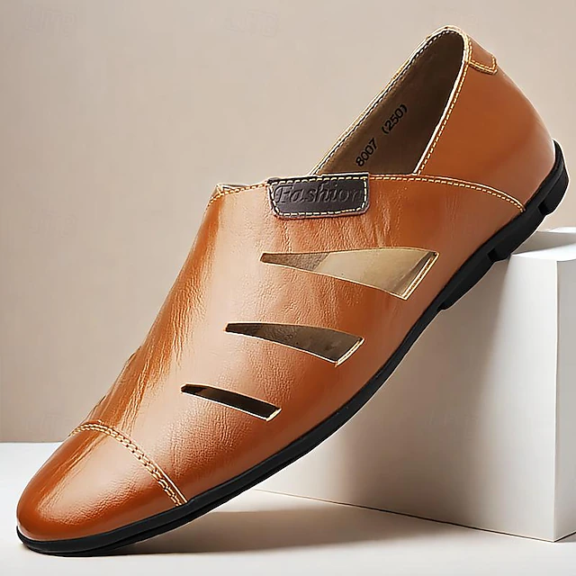 Men's Brown Leather Cutout Loafers - Breathable Slip-On Casual Shoes for Summer 13
