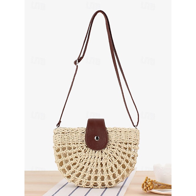  Handwoven Straw Crossbody Bag with Leather Closure - Casual Summer Beach Accessory for Women