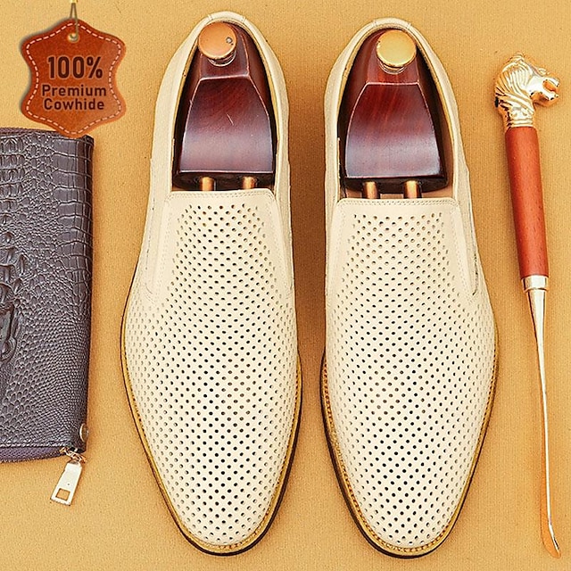 Men's Beige Perforated Leather Loafers, Premium Cowhide Slip-On Dress Shoes - Breathable and Stylish Footwear for Formal and Casual Occasions 13