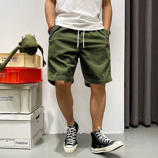  Homens Shorts de verão Shorts casuais Shorts de veludo cotelê Bolsos Com Cordão Cintura elástica Tecido Conforto Comprimento do joelho Ao ar livre Diário Moda Estilo Clássico Preto Amarelo