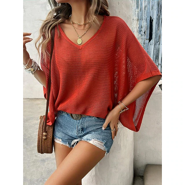 Women's Sweater Elegant Solid Color Crochet V Neck Knitted Half Sleeve Regular Tops Knit Daily Wine Red White Summer 8