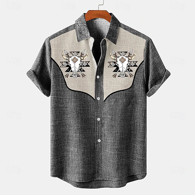 Men's Shirt Linen Shirt Retro Shirts Vintage Shirt Ethnic Shirt Western Outdoor Work Blue Green Gray Short Sleeve Turndown Summer Spring Clothing Apparel 6