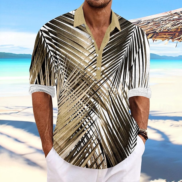 Voor heren Palmblad Tropische planten Hawaiiaans overhemd Aloha-shirt Lange mouw Overhemd Opstaand Hawaii Toevlucht Buiten Vakantie Feest Geel blauw Groen S M L
