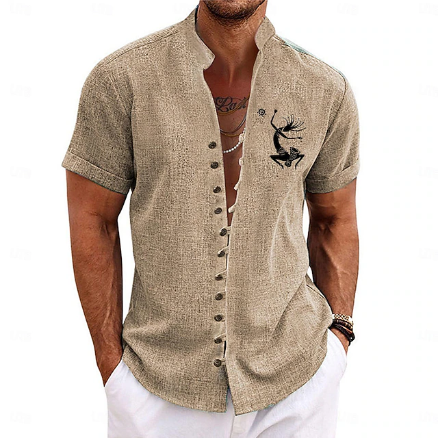 Men's Shirt Summer Hawaiian Shirt Aloha Shirt Short Sleeve Shirt Stand Collar Casual Tribal Holiday Blue Green Khaki S M L 6