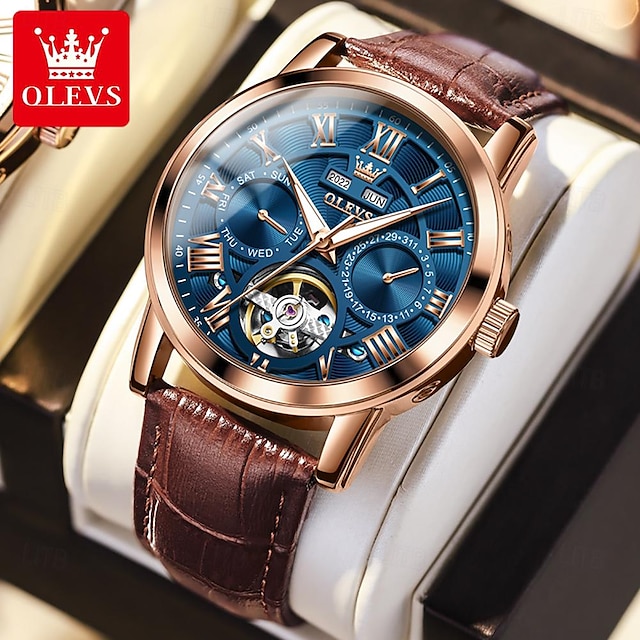  OLEVS Hombre Relojes Mecánico Moda Reloj Casual Reloj de Muñeca Cuerda Automática Luminoso Calendario Fecha Semana Piel Reloj